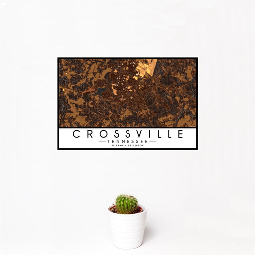 12x18 Crossville Tennessee Map Print Landscape Orientation in Ember Style With Small Cactus Plant in White Planter