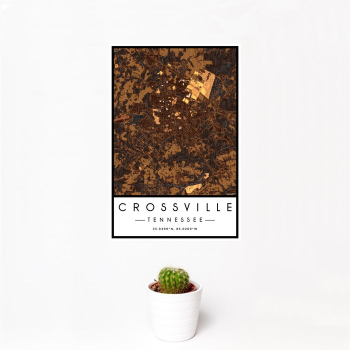 12x18 Crossville Tennessee Map Print Portrait Orientation in Ember Style With Small Cactus Plant in White Planter