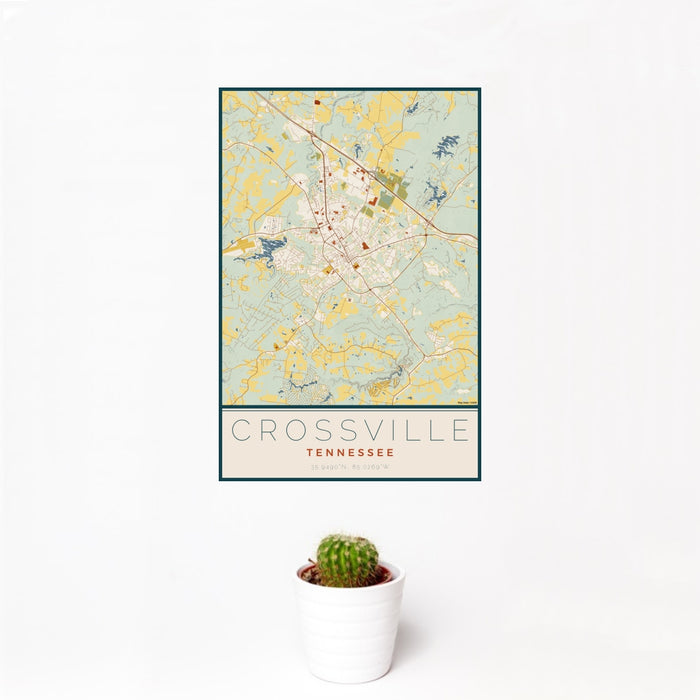 12x18 Crossville Tennessee Map Print Portrait Orientation in Woodblock Style With Small Cactus Plant in White Planter
