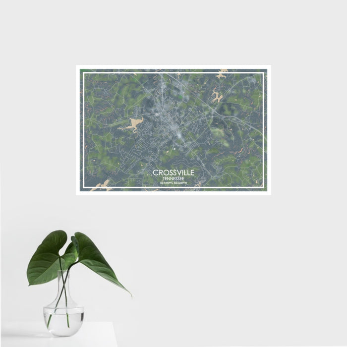 16x24 Crossville Tennessee Map Print Landscape Orientation in Afternoon Style With Tropical Plant Leaves in Water