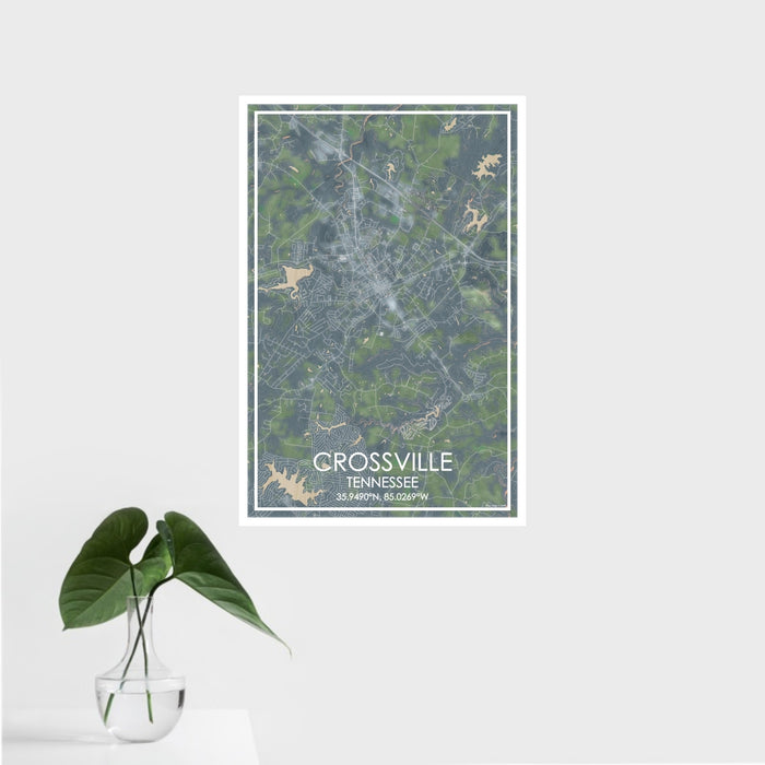 16x24 Crossville Tennessee Map Print Portrait Orientation in Afternoon Style With Tropical Plant Leaves in Water