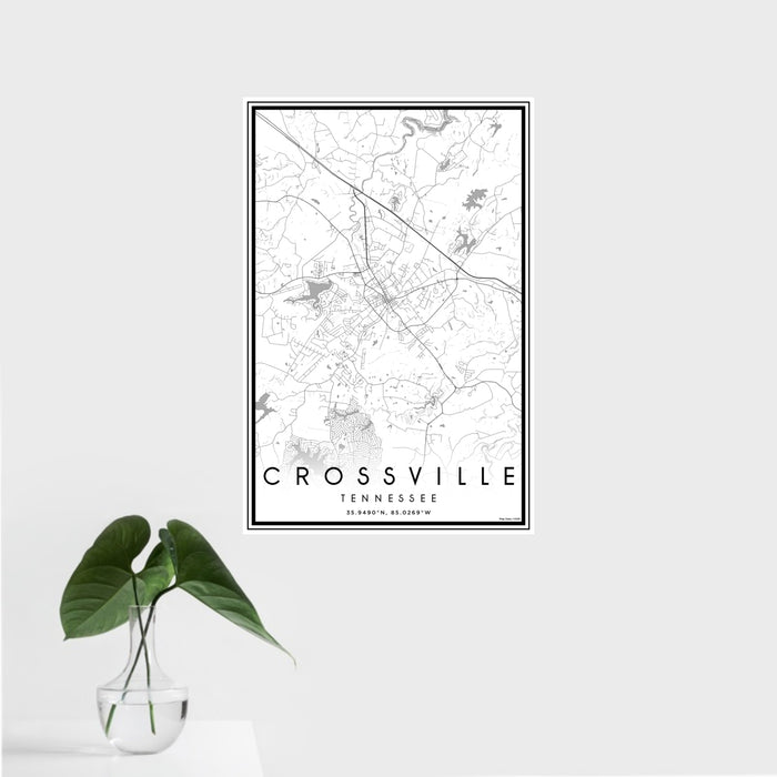 16x24 Crossville Tennessee Map Print Portrait Orientation in Classic Style With Tropical Plant Leaves in Water