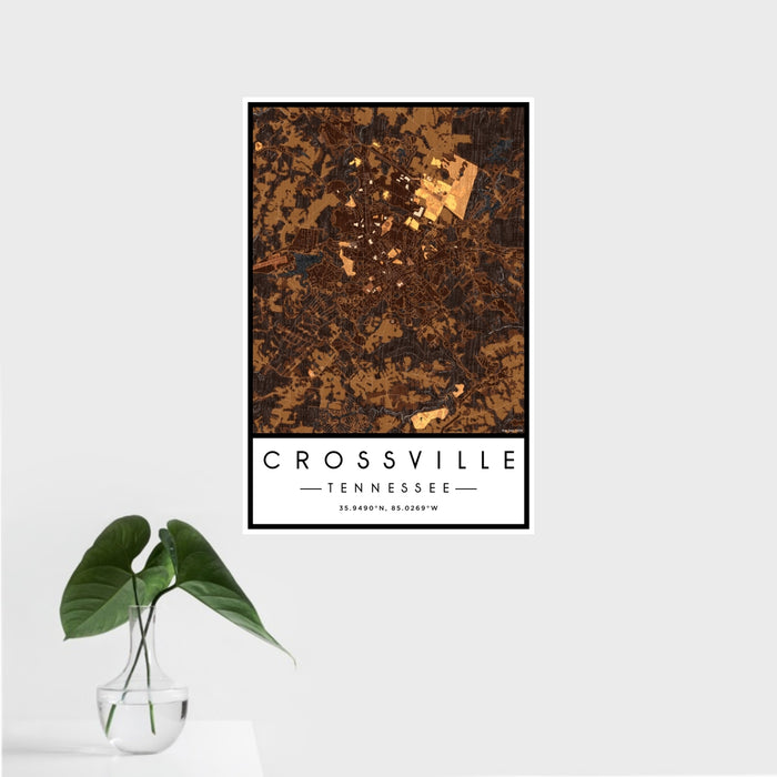 16x24 Crossville Tennessee Map Print Portrait Orientation in Ember Style With Tropical Plant Leaves in Water