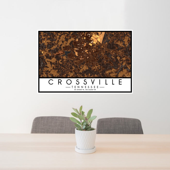 24x36 Crossville Tennessee Map Print Lanscape Orientation in Ember Style Behind 2 Chairs Table and Potted Plant