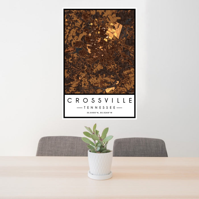 24x36 Crossville Tennessee Map Print Portrait Orientation in Ember Style Behind 2 Chairs Table and Potted Plant