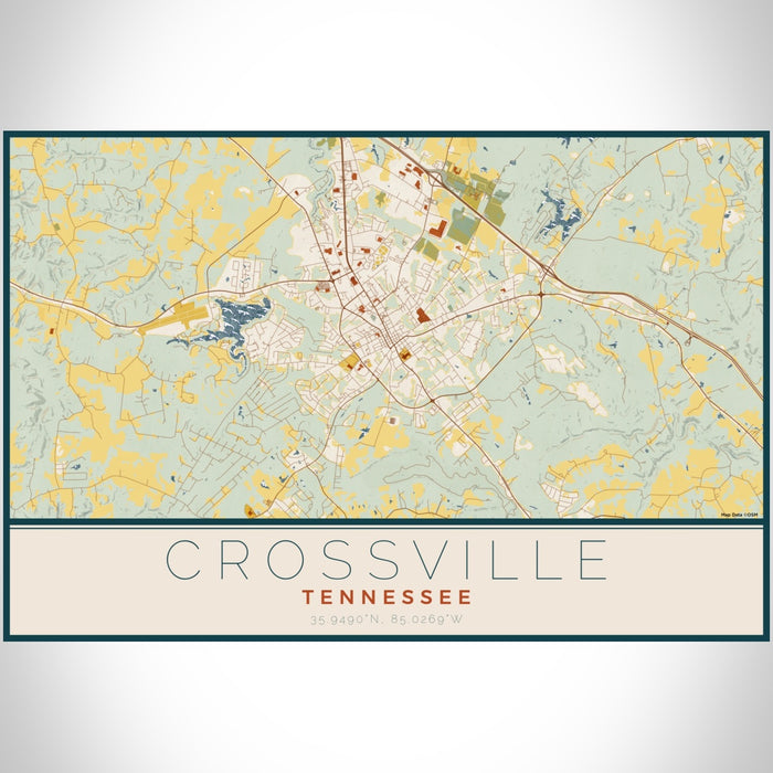 Crossville Tennessee Map Print Landscape Orientation in Woodblock Style With Shaded Background