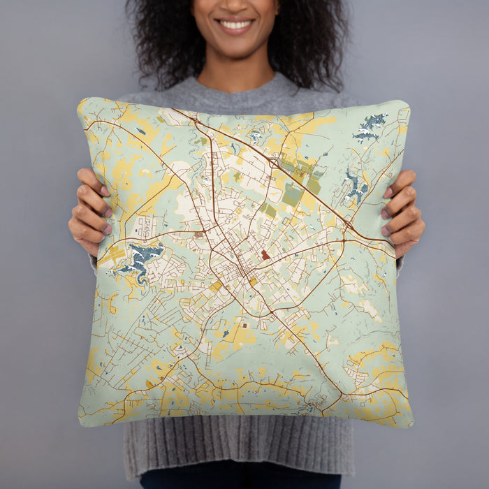 Person holding 18x18 Custom Crossville Tennessee Map Throw Pillow in Woodblock