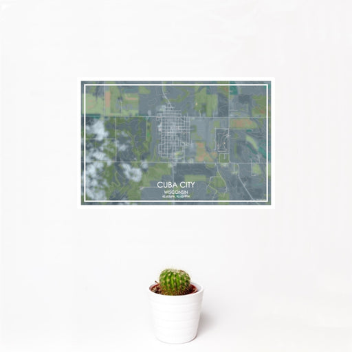 12x18 Cuba City Wisconsin Map Print Landscape Orientation in Afternoon Style With Small Cactus Plant in White Planter