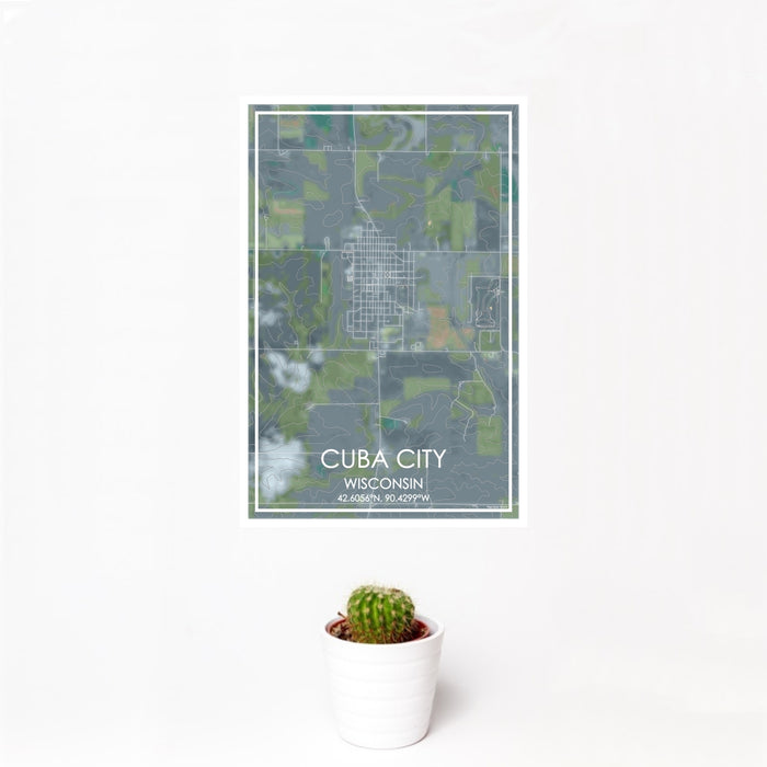 12x18 Cuba City Wisconsin Map Print Portrait Orientation in Afternoon Style With Small Cactus Plant in White Planter