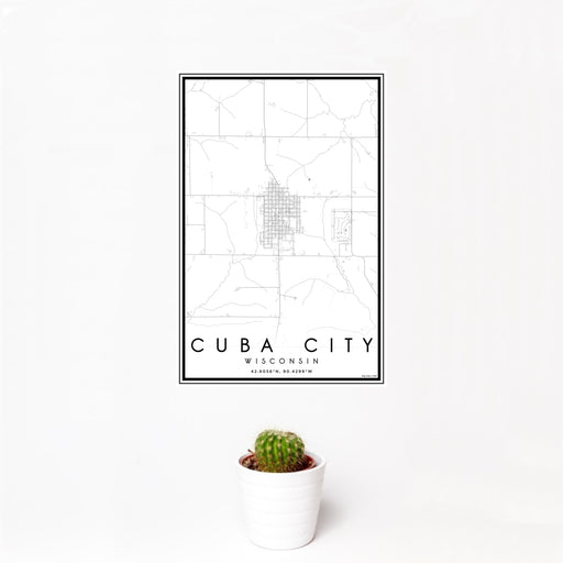 12x18 Cuba City Wisconsin Map Print Portrait Orientation in Classic Style With Small Cactus Plant in White Planter