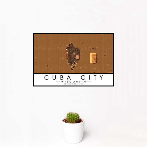 12x18 Cuba City Wisconsin Map Print Landscape Orientation in Ember Style With Small Cactus Plant in White Planter