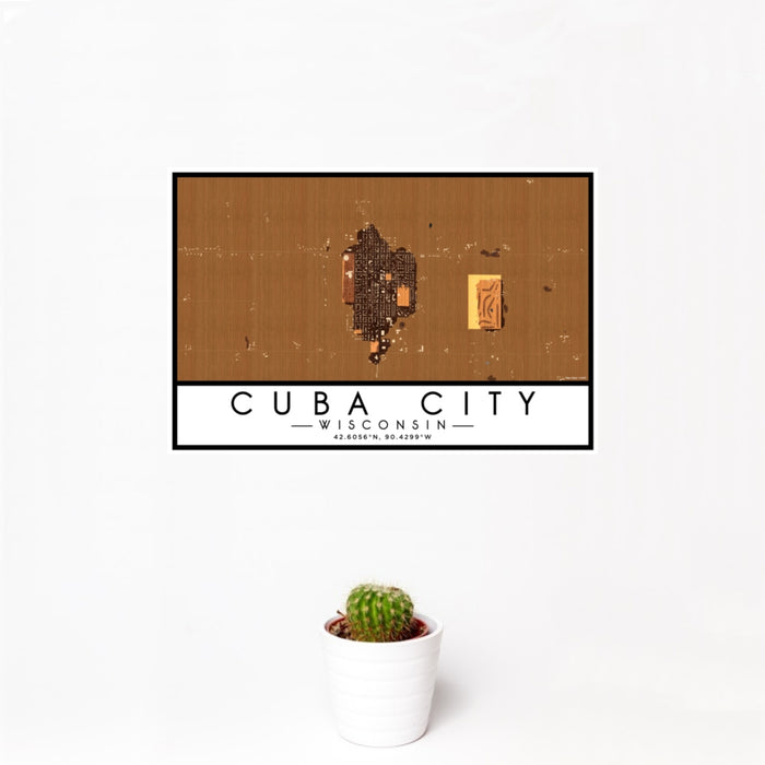 12x18 Cuba City Wisconsin Map Print Landscape Orientation in Ember Style With Small Cactus Plant in White Planter