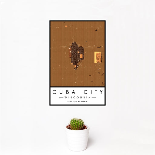12x18 Cuba City Wisconsin Map Print Portrait Orientation in Ember Style With Small Cactus Plant in White Planter