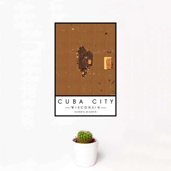 12x18 Cuba City Wisconsin Map Print Portrait Orientation in Ember Style With Small Cactus Plant in White Planter