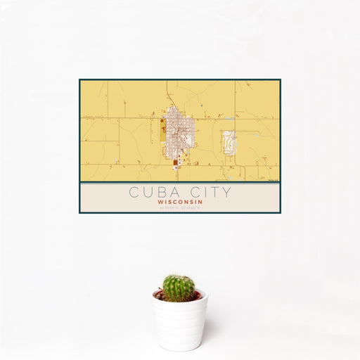 12x18 Cuba City Wisconsin Map Print Landscape Orientation in Woodblock Style With Small Cactus Plant in White Planter