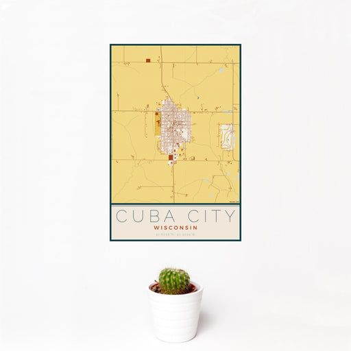 12x18 Cuba City Wisconsin Map Print Portrait Orientation in Woodblock Style With Small Cactus Plant in White Planter