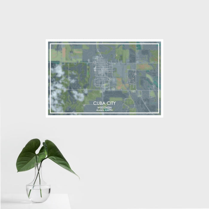 16x24 Cuba City Wisconsin Map Print Landscape Orientation in Afternoon Style With Tropical Plant Leaves in Water