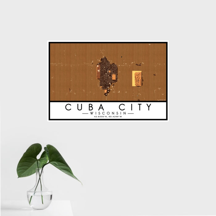 16x24 Cuba City Wisconsin Map Print Landscape Orientation in Ember Style With Tropical Plant Leaves in Water