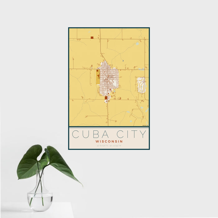 16x24 Cuba City Wisconsin Map Print Portrait Orientation in Woodblock Style With Tropical Plant Leaves in Water