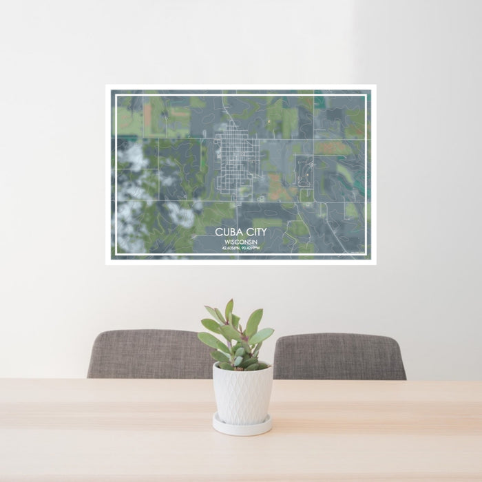 24x36 Cuba City Wisconsin Map Print Lanscape Orientation in Afternoon Style Behind 2 Chairs Table and Potted Plant
