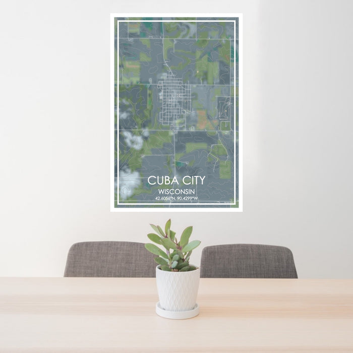 24x36 Cuba City Wisconsin Map Print Portrait Orientation in Afternoon Style Behind 2 Chairs Table and Potted Plant