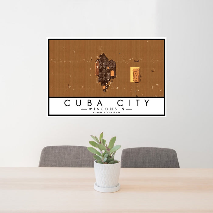 24x36 Cuba City Wisconsin Map Print Lanscape Orientation in Ember Style Behind 2 Chairs Table and Potted Plant
