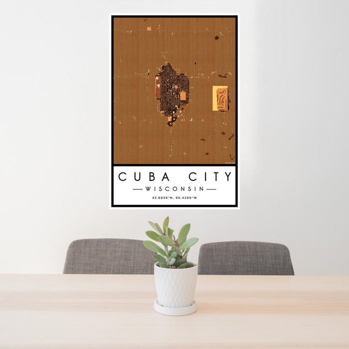 24x36 Cuba City Wisconsin Map Print Portrait Orientation in Ember Style Behind 2 Chairs Table and Potted Plant