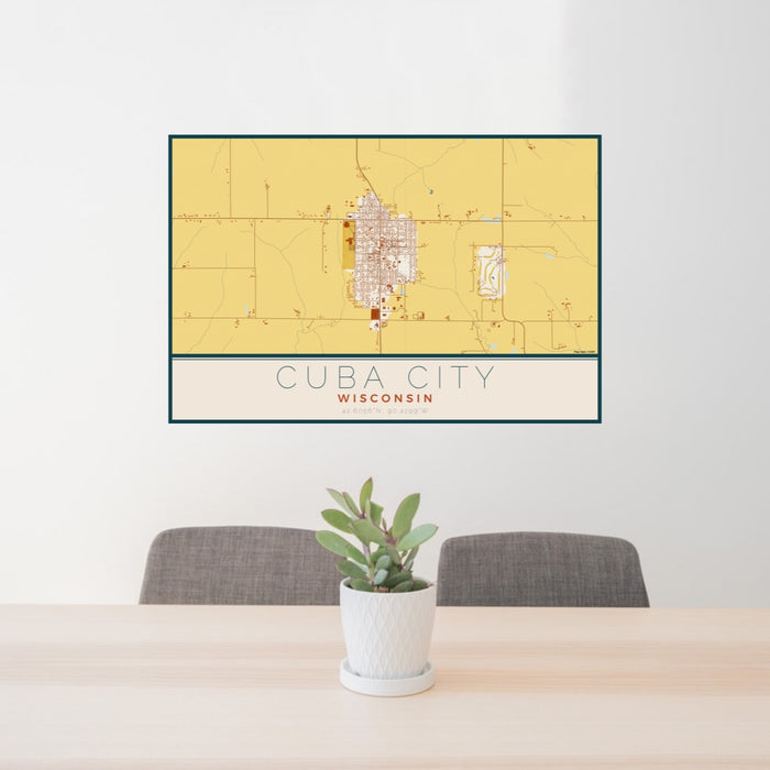 24x36 Cuba City Wisconsin Map Print Lanscape Orientation in Woodblock Style Behind 2 Chairs Table and Potted Plant