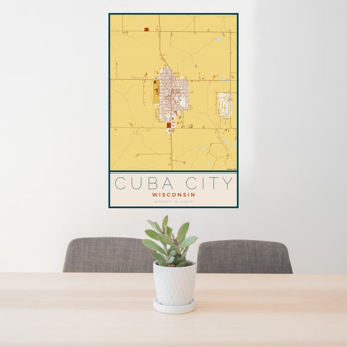 24x36 Cuba City Wisconsin Map Print Portrait Orientation in Woodblock Style Behind 2 Chairs Table and Potted Plant