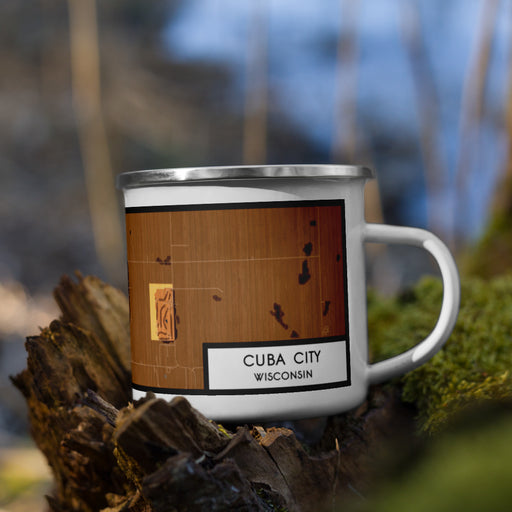 Right View Custom Cuba City Wisconsin Map Enamel Mug in Ember on Grass With Trees in Background