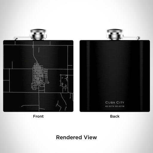 Rendered View of Cuba City Wisconsin Map Engraving on 6oz Stainless Steel Flask in Black