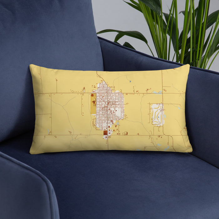 Custom Cuba City Wisconsin Map Throw Pillow in Woodblock on Blue Colored Chair