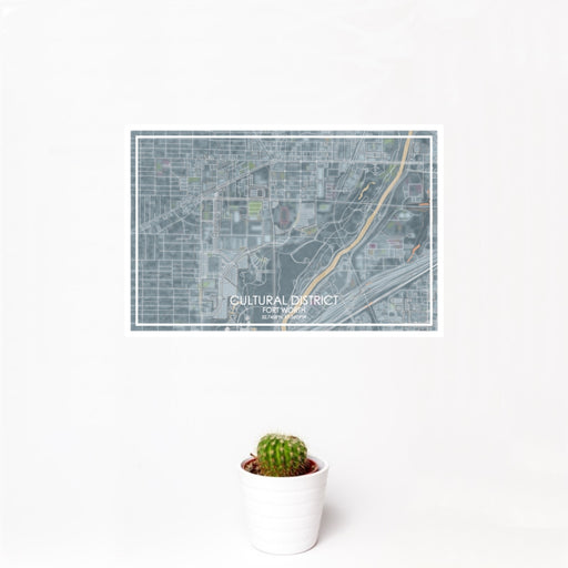 12x18 Cultural District Fort Worth Map Print Landscape Orientation in Afternoon Style With Small Cactus Plant in White Planter