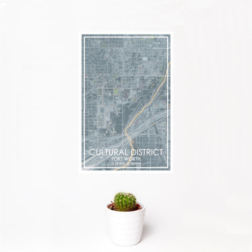 12x18 Cultural District Fort Worth Map Print Portrait Orientation in Afternoon Style With Small Cactus Plant in White Planter