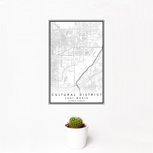 12x18 Cultural District Fort Worth Map Print Portrait Orientation in Classic Style With Small Cactus Plant in White Planter