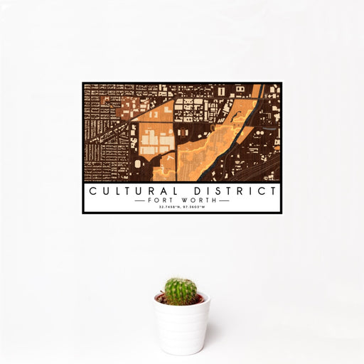 12x18 Cultural District Fort Worth Map Print Landscape Orientation in Ember Style With Small Cactus Plant in White Planter