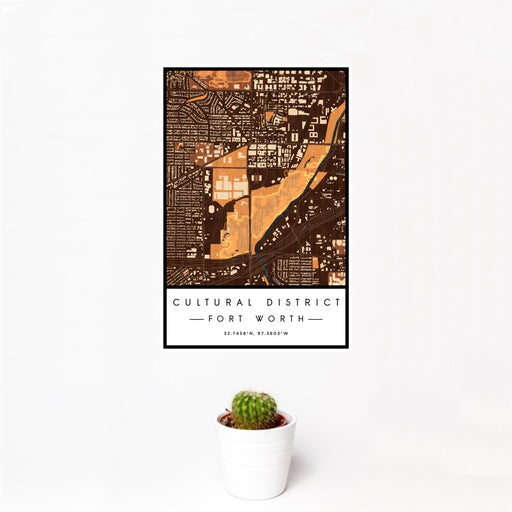 12x18 Cultural District Fort Worth Map Print Portrait Orientation in Ember Style With Small Cactus Plant in White Planter