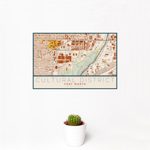 12x18 Cultural District Fort Worth Map Print Landscape Orientation in Woodblock Style With Small Cactus Plant in White Planter