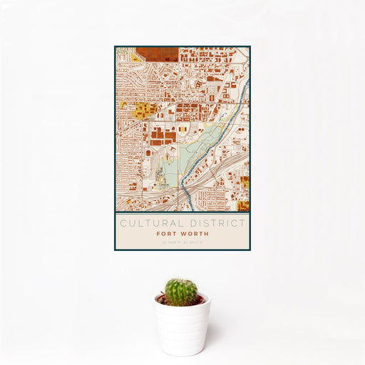 12x18 Cultural District Fort Worth Map Print Portrait Orientation in Woodblock Style With Small Cactus Plant in White Planter