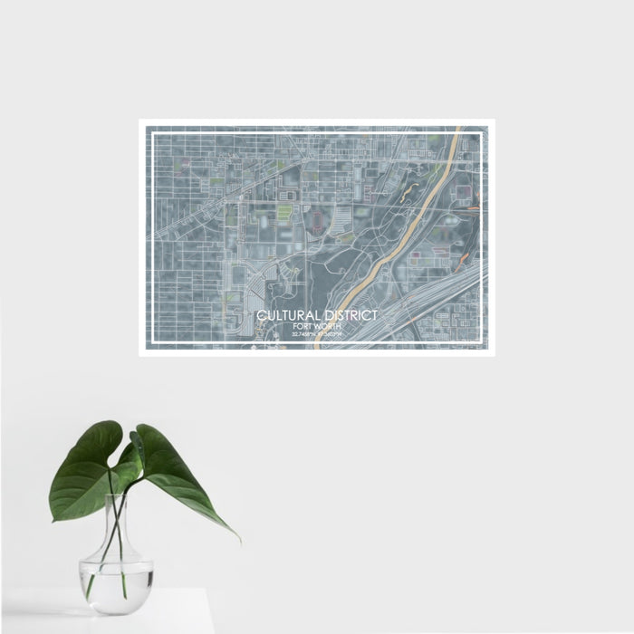 16x24 Cultural District Fort Worth Map Print Landscape Orientation in Afternoon Style With Tropical Plant Leaves in Water
