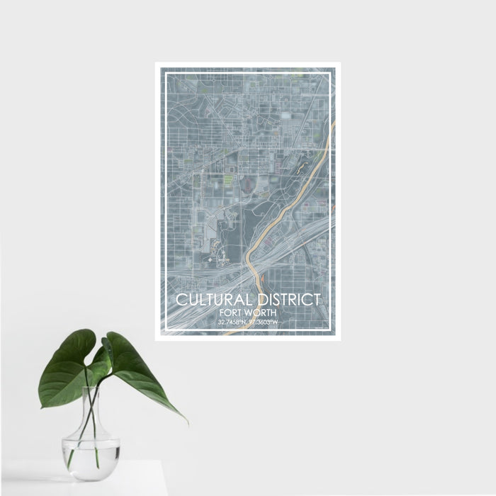 16x24 Cultural District Fort Worth Map Print Portrait Orientation in Afternoon Style With Tropical Plant Leaves in Water