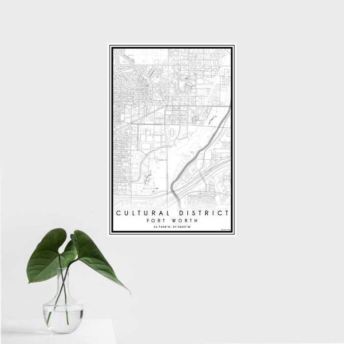 16x24 Cultural District Fort Worth Map Print Portrait Orientation in Classic Style With Tropical Plant Leaves in Water