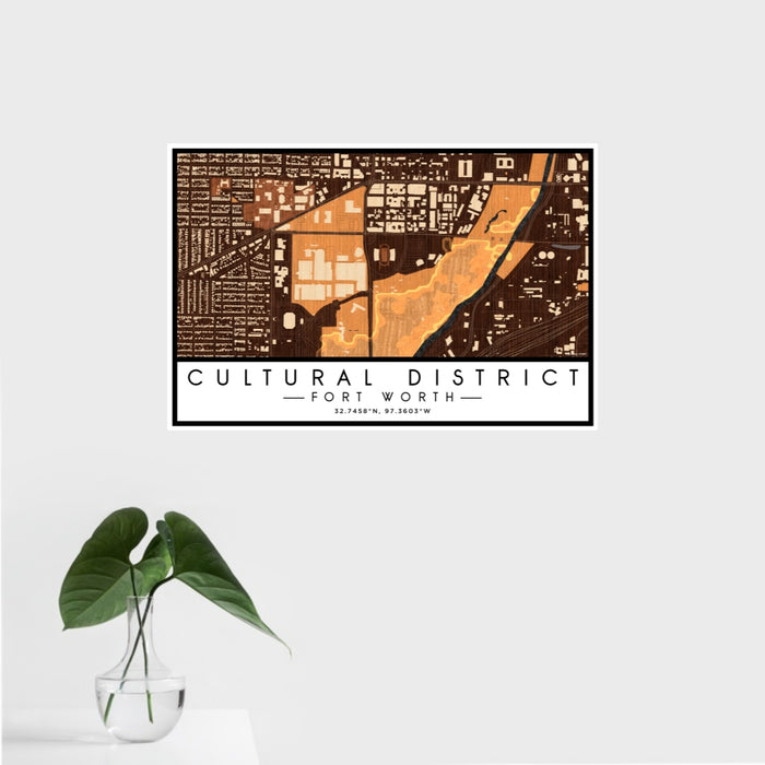 16x24 Cultural District Fort Worth Map Print Landscape Orientation in Ember Style With Tropical Plant Leaves in Water
