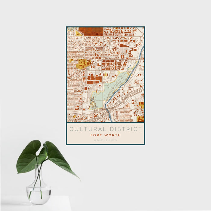 16x24 Cultural District Fort Worth Map Print Portrait Orientation in Woodblock Style With Tropical Plant Leaves in Water