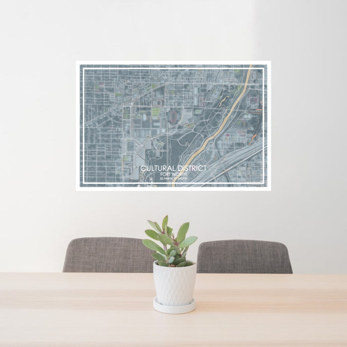 24x36 Cultural District Fort Worth Map Print Lanscape Orientation in Afternoon Style Behind 2 Chairs Table and Potted Plant