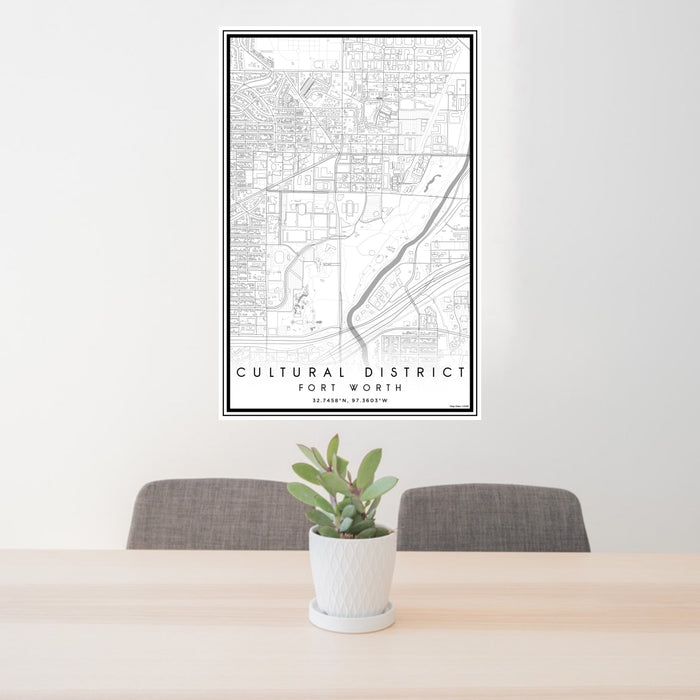 24x36 Cultural District Fort Worth Map Print Portrait Orientation in Classic Style Behind 2 Chairs Table and Potted Plant