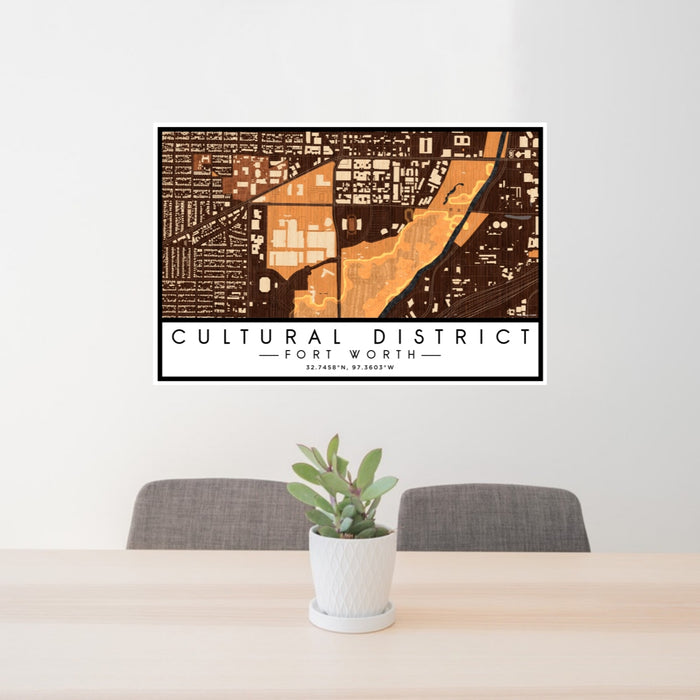 24x36 Cultural District Fort Worth Map Print Lanscape Orientation in Ember Style Behind 2 Chairs Table and Potted Plant