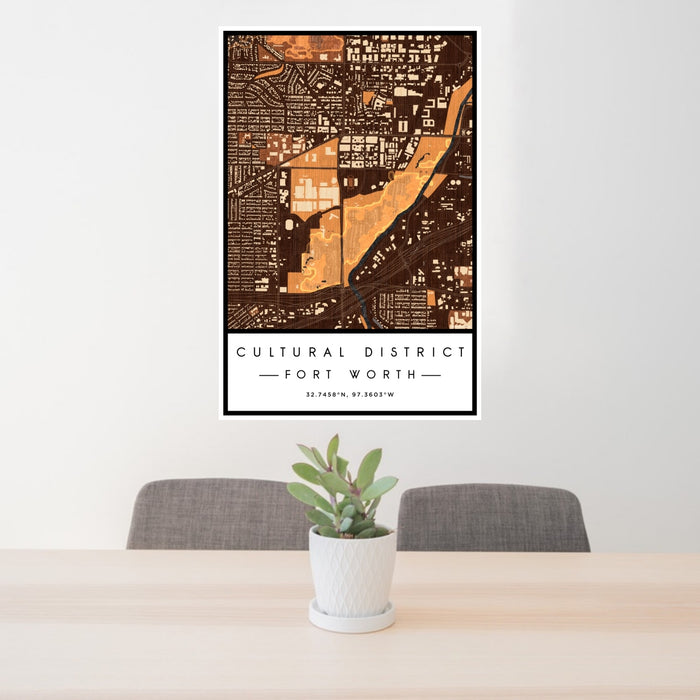 24x36 Cultural District Fort Worth Map Print Portrait Orientation in Ember Style Behind 2 Chairs Table and Potted Plant
