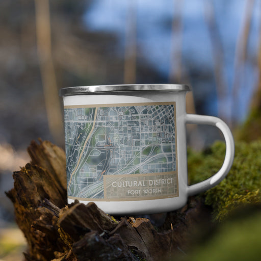 Right View Custom Cultural District Fort Worth Map Enamel Mug in Afternoon on Grass With Trees in Background