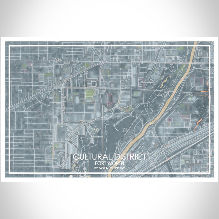 Cultural District Fort Worth Map Print Landscape Orientation in Afternoon Style With Shaded Background